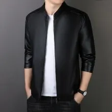 Men's PU leather jacket loose fit medium length 65cm in black, brown, and purplish red