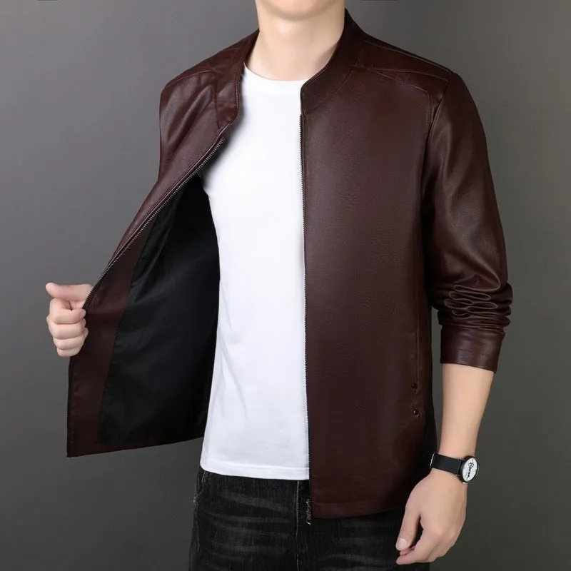 Men's PU leather jacket loose fit medium length 65cm in black, brown, and purplish red