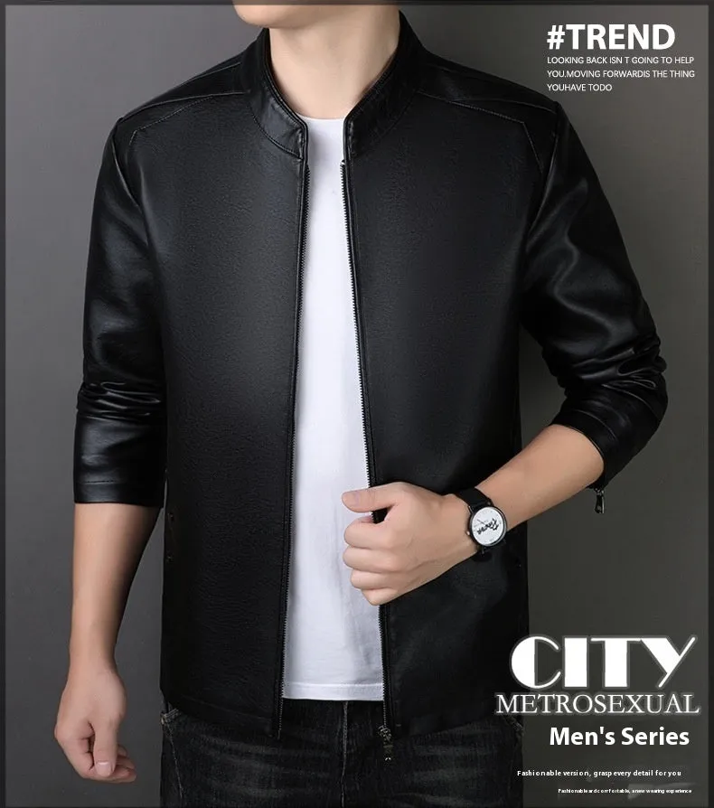 Men's PU leather jacket loose fit medium length 65cm in black, brown, and purplish red