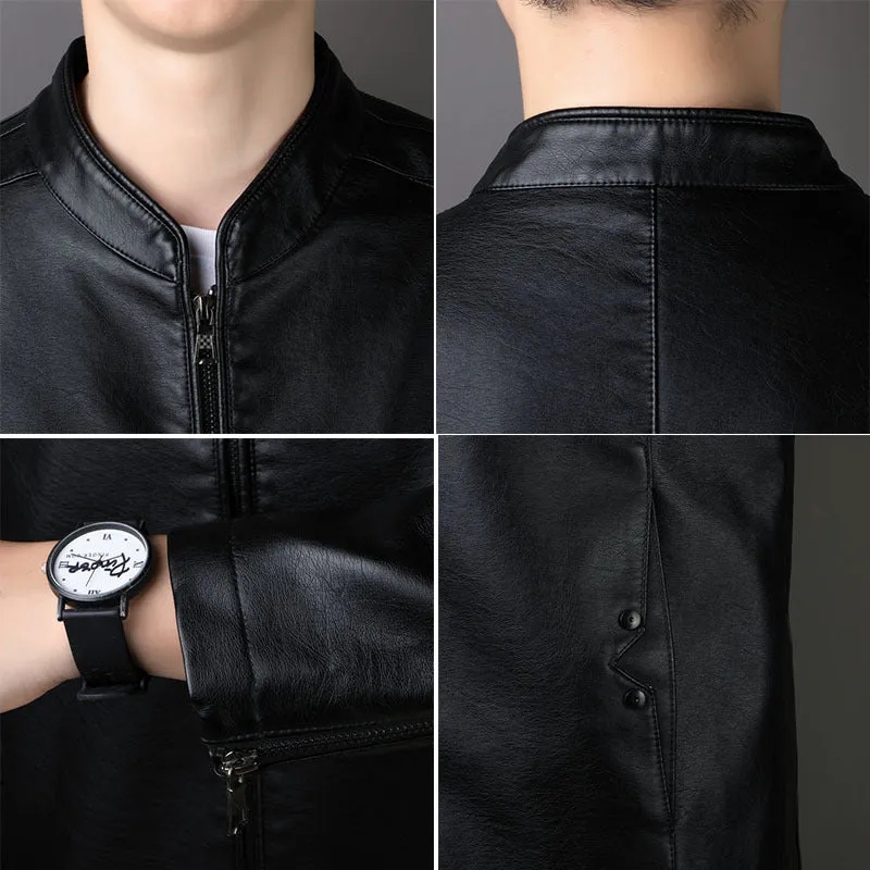 Men's PU leather jacket loose fit medium length 65cm in black, brown, and purplish red