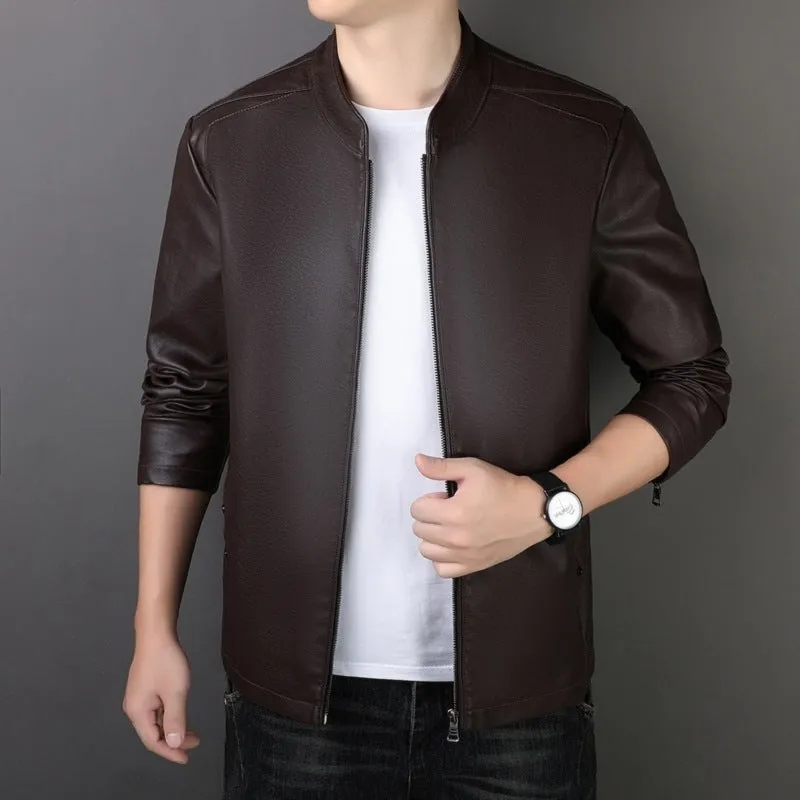 Men's PU leather jacket loose fit medium length 65cm in black, brown, and purplish red