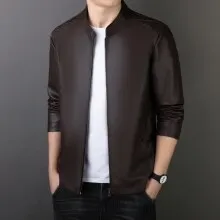 Men's PU leather jacket loose fit medium length 65cm in black, brown, and purplish red