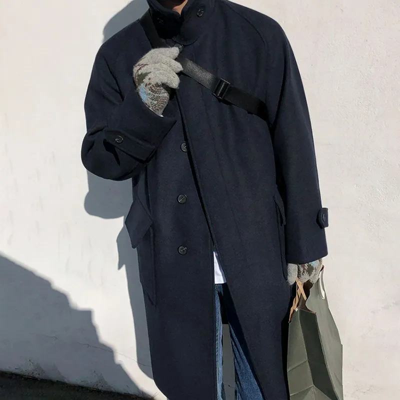 Plus size women wearing a British style blue wool look trench coat with slim fit