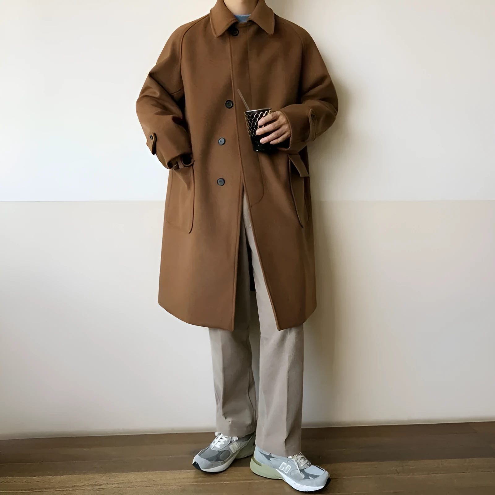 Plus size women wearing a British style blue wool look trench coat with slim fit