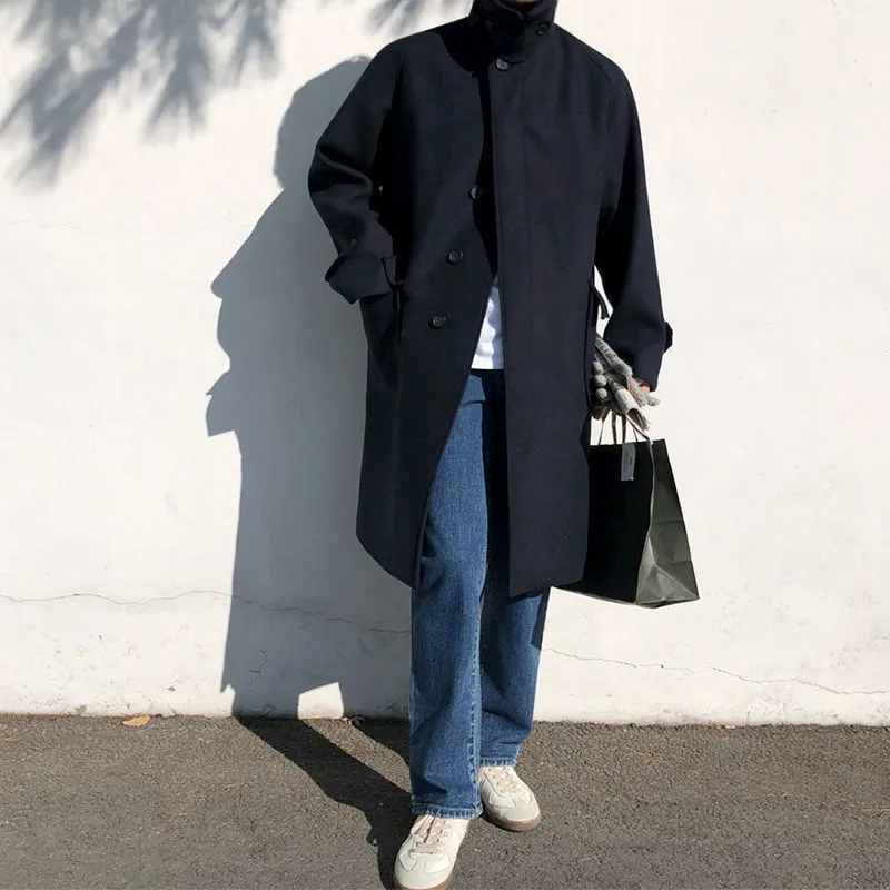 Plus size women wearing a British style blue wool look trench coat with slim fit