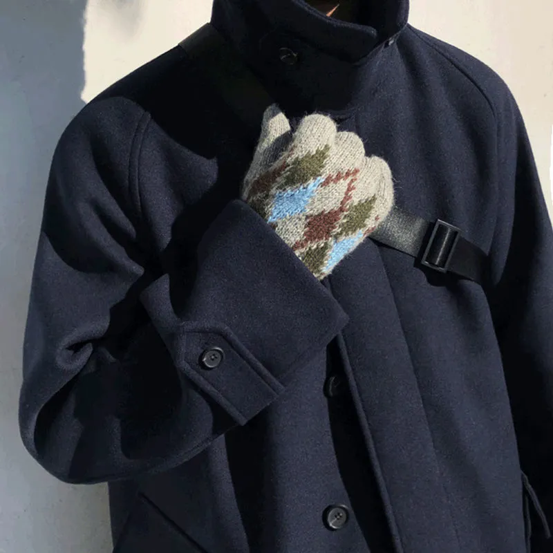 Plus size women wearing a British style blue wool look trench coat with slim fit