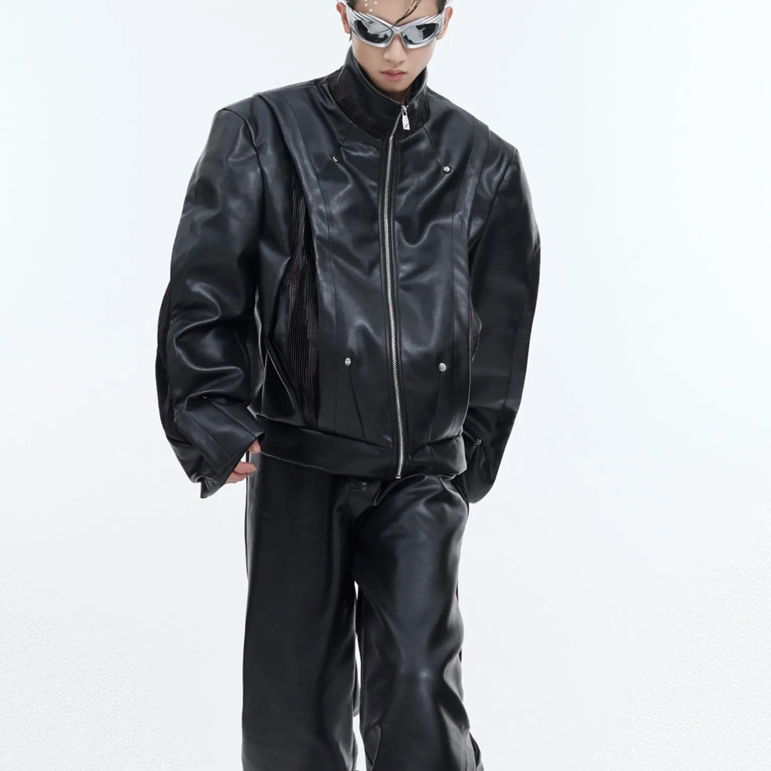 Men's PU leather motorcycle coat heavy stitching lapel collar single-breasted solid colour