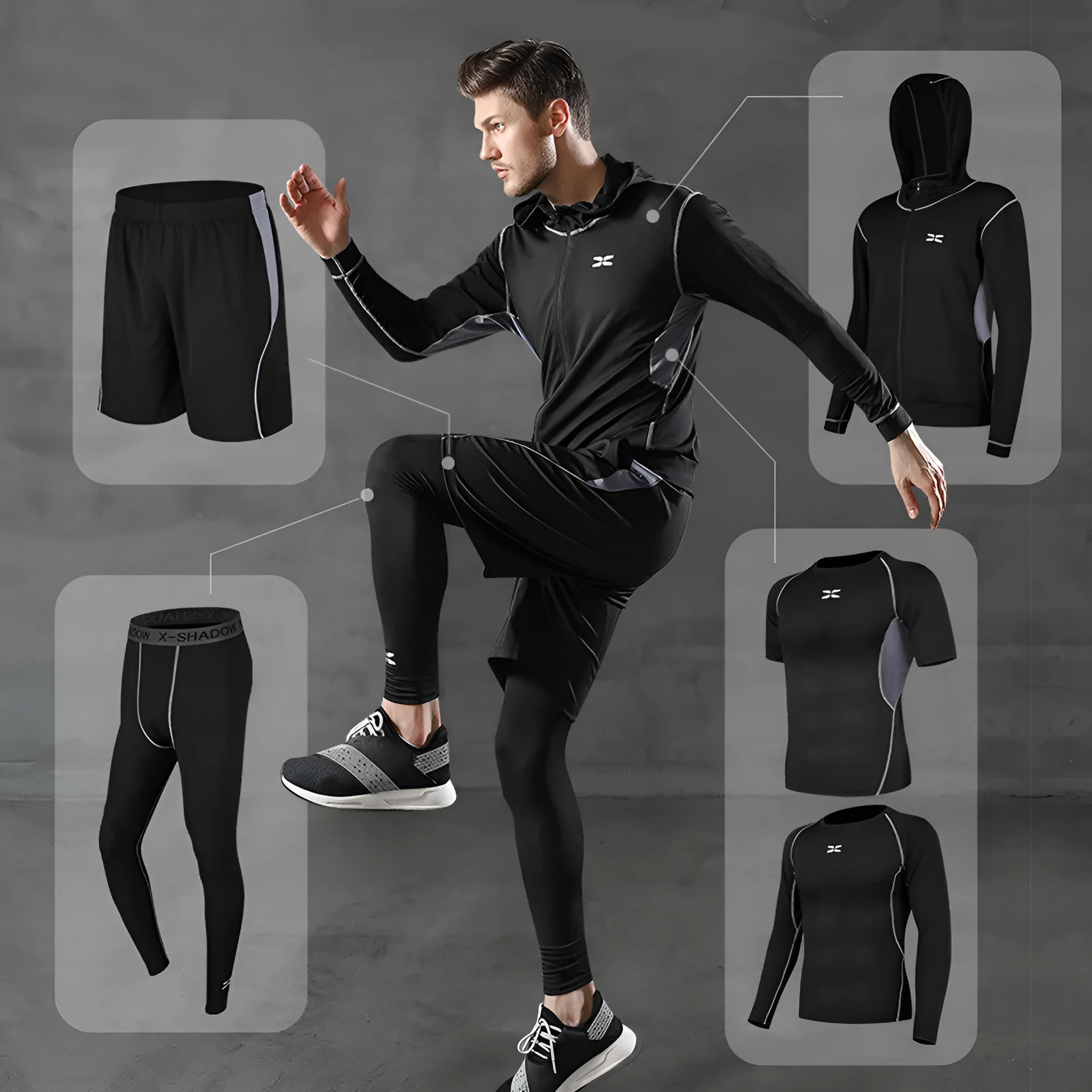 Men's polyester sports suit two-piece set in black – tops and trousers coordinated tracksuit