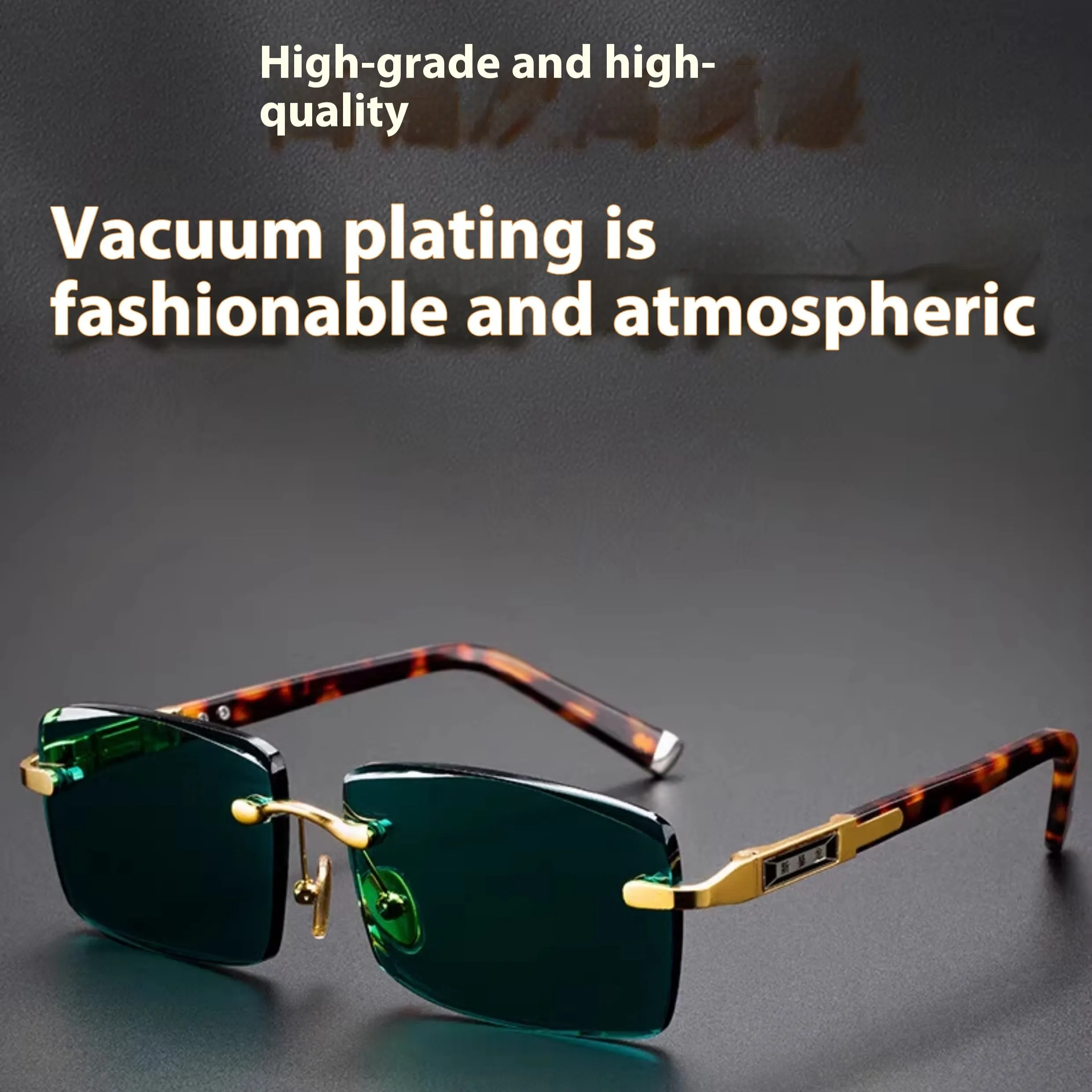 Frameless dark green crystal sunglasses with a glasses case and cleaning cloth.