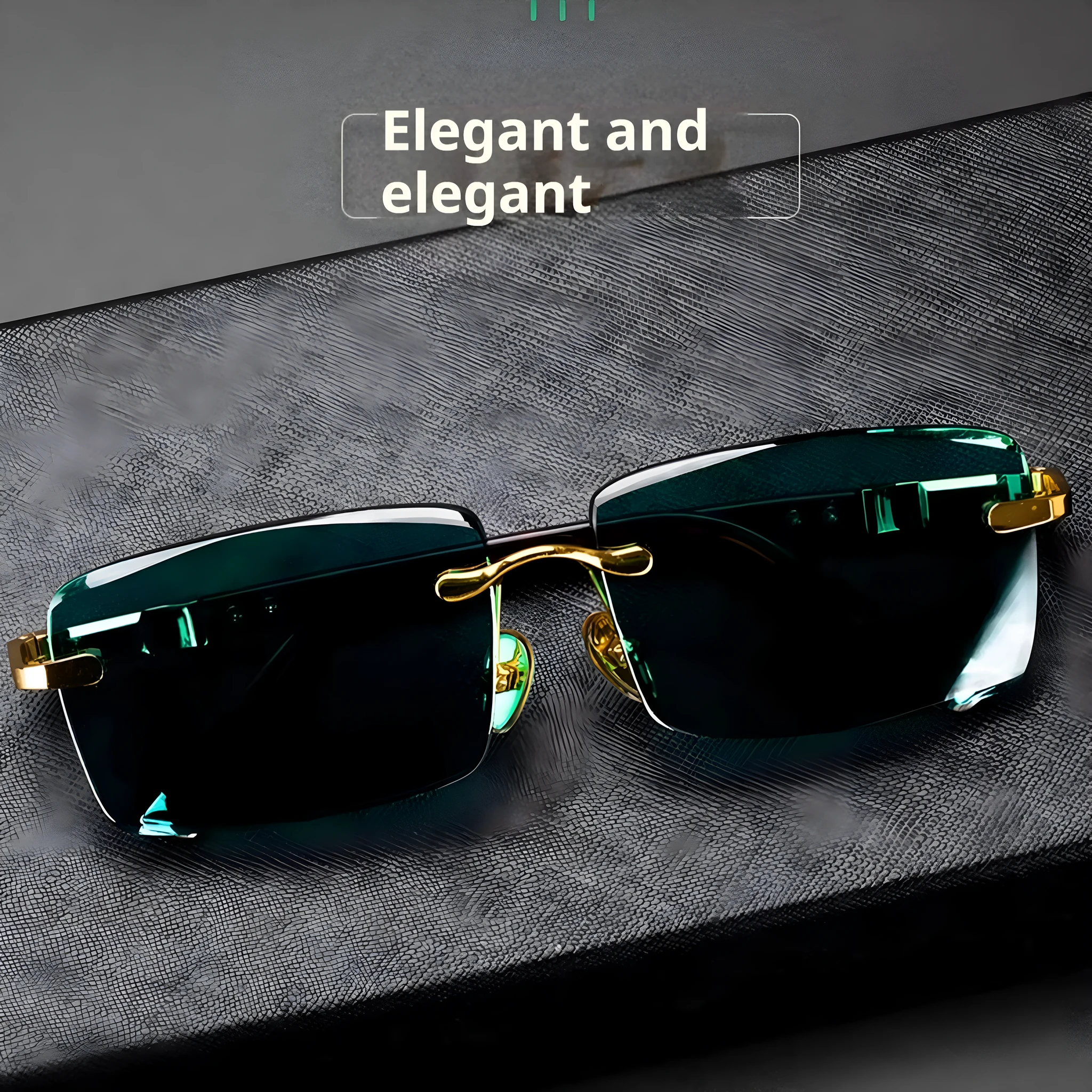 Frameless dark green crystal sunglasses with a glasses case and cleaning cloth.
