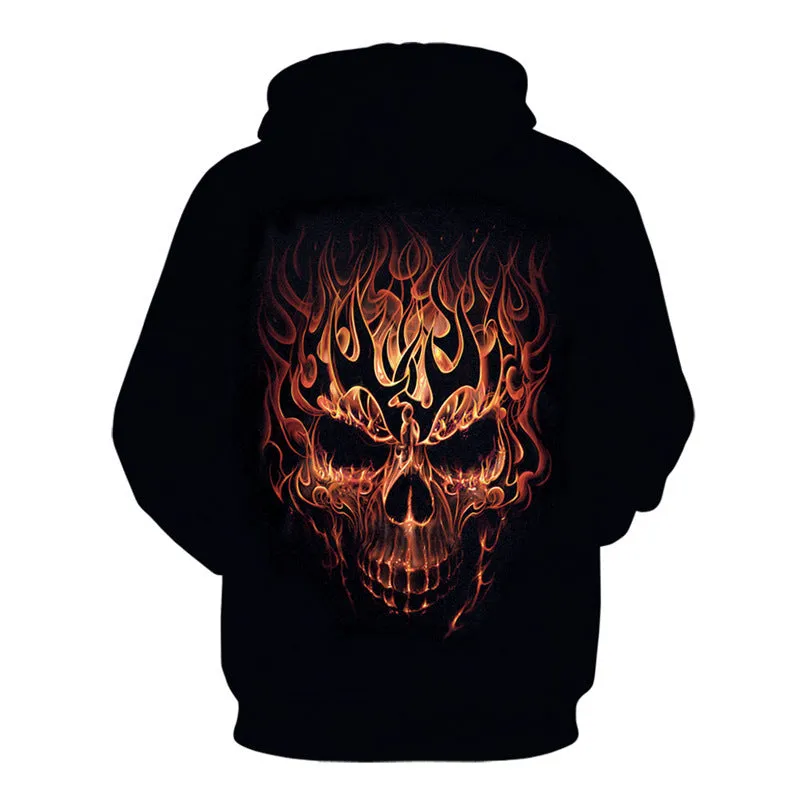 Men's loose fit hooded sweatshirt with skull digital print, side pockets, and ribbed hem in picture colour
