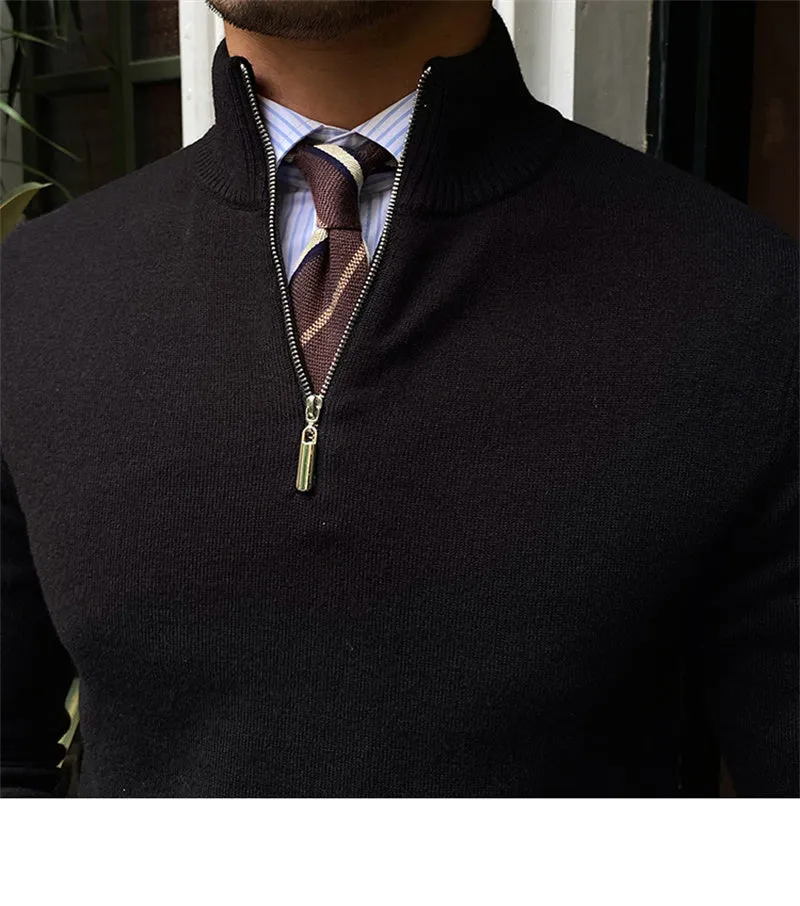 Men's stand-up collar zipper knit long-sleeved sweater in black, brown, and grey colour options, sizes M to 2XL