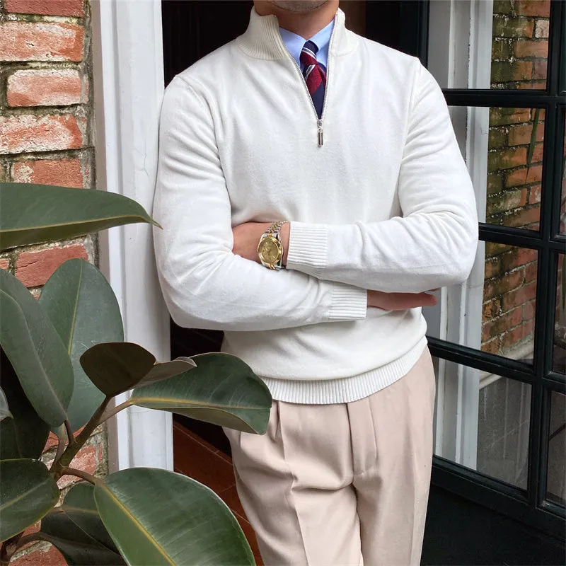 Men's stand-up collar zipper knit long-sleeved sweater in black, brown, and grey colour options, sizes M to 2XL