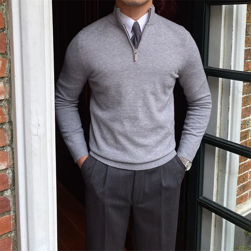 Men's stand-up collar zipper knit long-sleeved sweater in black, brown, and grey colour options, sizes M to 2XL
