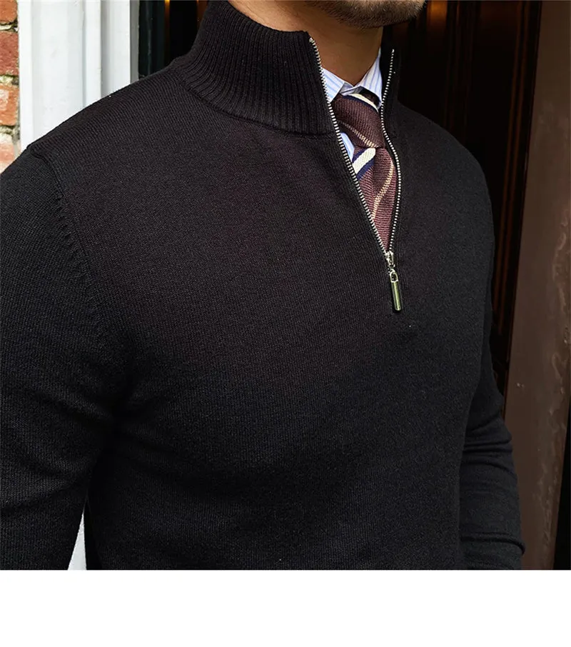 Men's stand-up collar zipper knit long-sleeved sweater in black, brown, and grey colour options, sizes M to 2XL