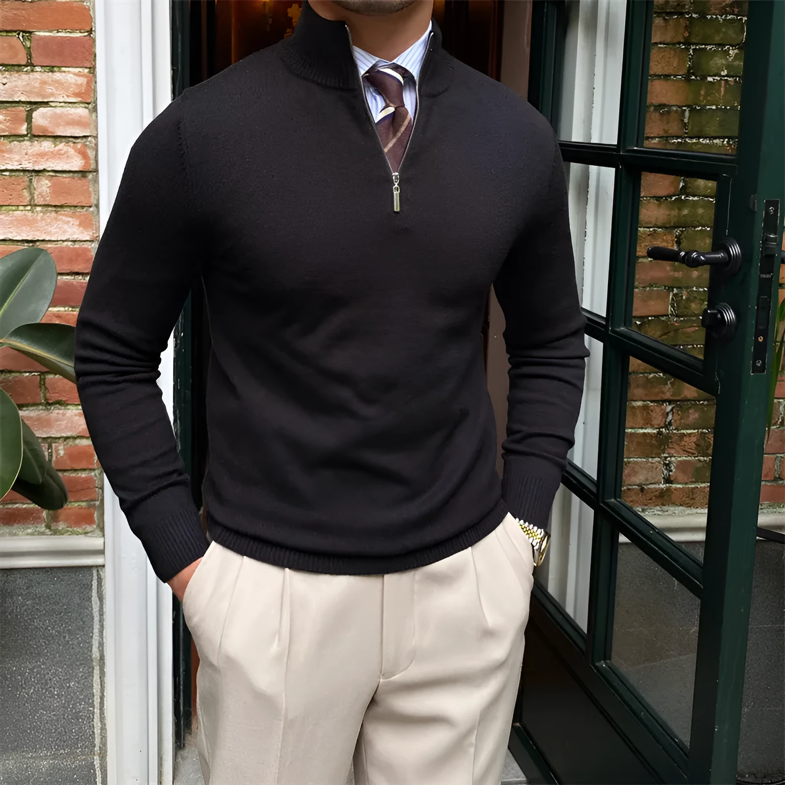 Men's stand-up collar zipper knit long-sleeved sweater in black, brown, and grey colour options, sizes M to 2XL