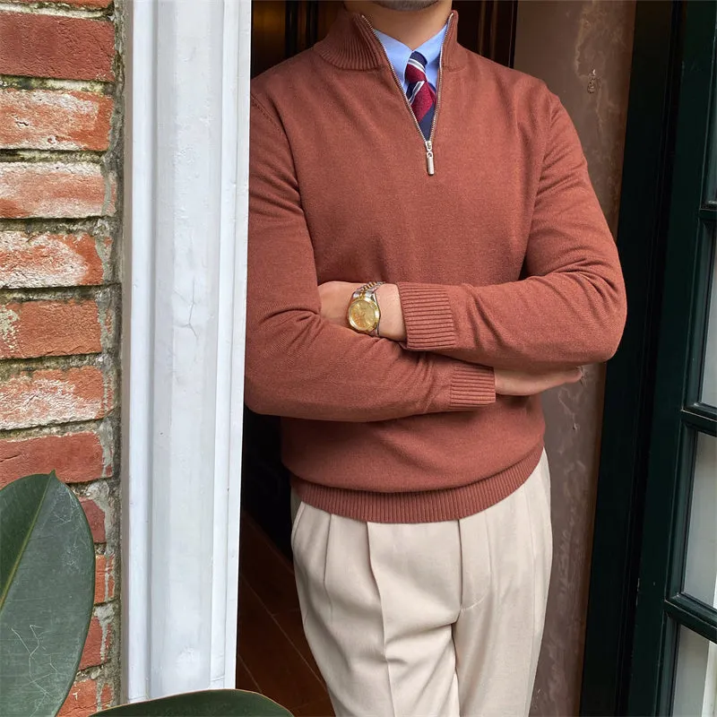Men's stand-up collar zipper knit long-sleeved sweater in black, brown, and grey colour options, sizes M to 2XL