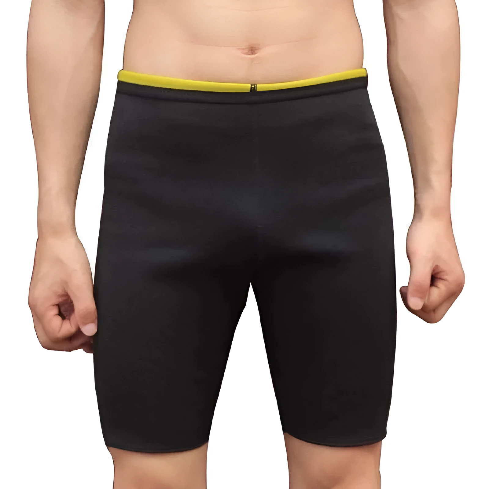 Men's weight loss neoprene sauna shorts in diving material SBR, black outside and yellow inside, flatlock stitching, size S to 4XL
