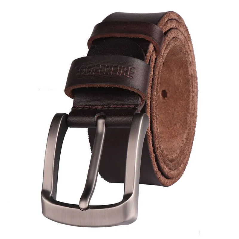 Men's first layer cowhide leather belt with rectangular alloy pin buckle and rivet detail in black