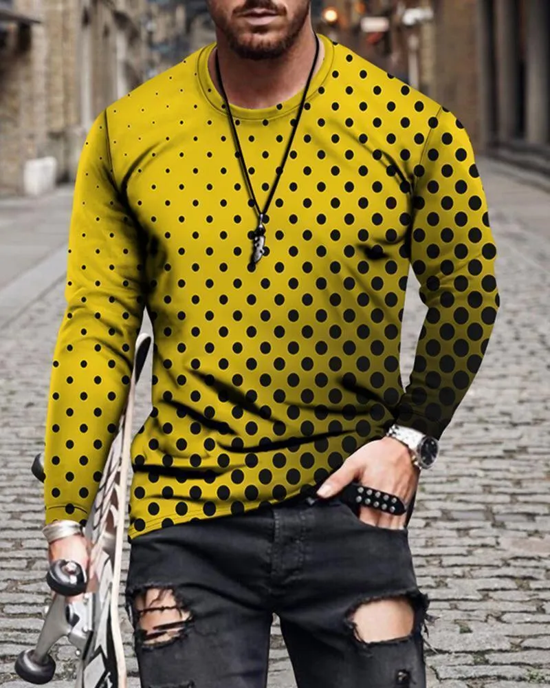 Men's cotton crew neck slim fit long sleeve T-shirt with geometric digital print in solid colour