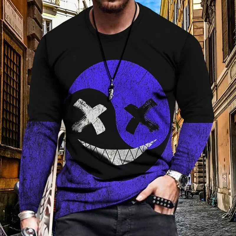 Men's cotton crew neck slim fit long sleeve T-shirt with geometric digital print in solid colour