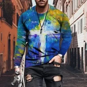 Men's cotton crew neck slim fit long sleeve T-shirt with geometric digital print in solid colour