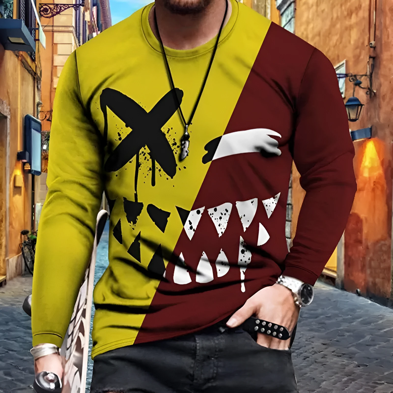 Men's cotton crew neck slim fit long sleeve T-shirt with geometric digital print in solid colour