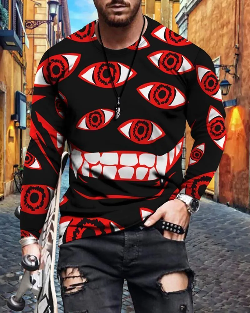 Men's cotton crew neck slim fit long sleeve T-shirt with geometric digital print in solid colour