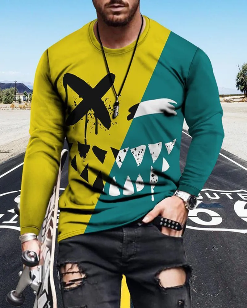 Men's cotton crew neck slim fit long sleeve T-shirt with geometric digital print in solid colour