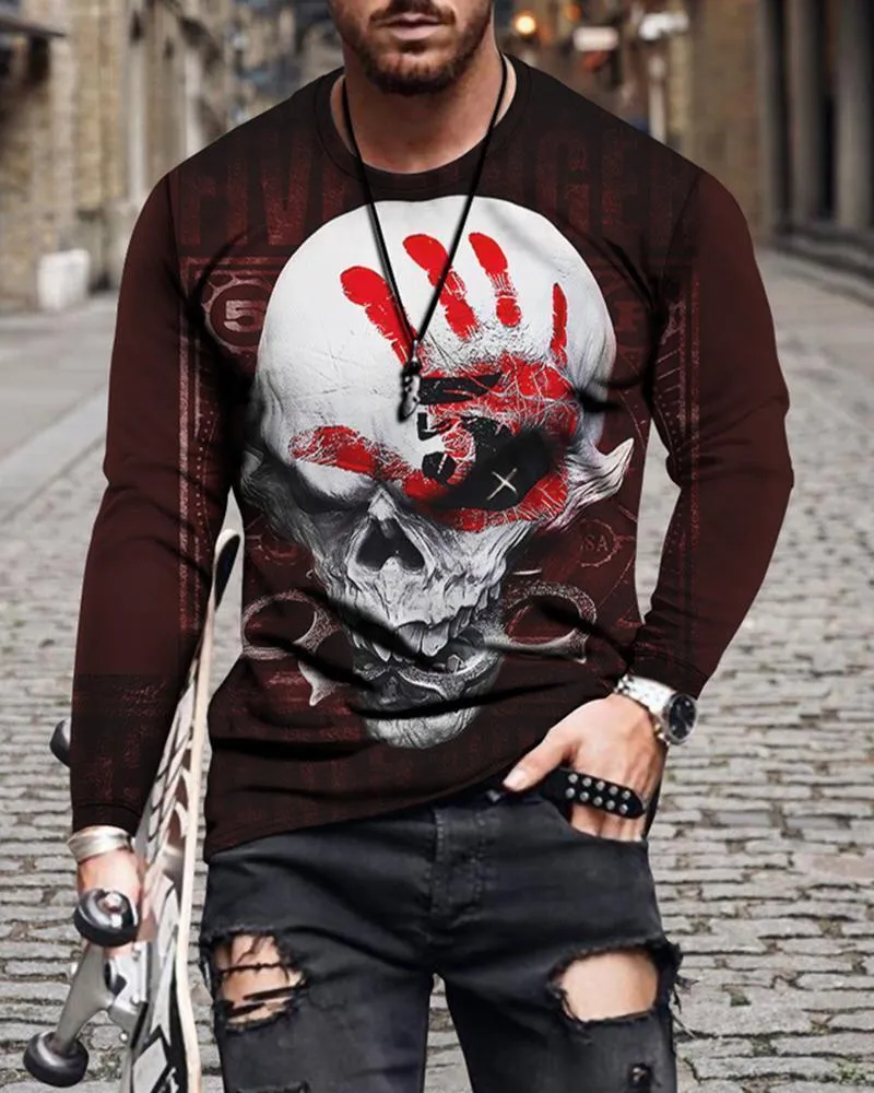 Men's cotton crew neck slim fit long sleeve T-shirt with geometric digital print in solid colour