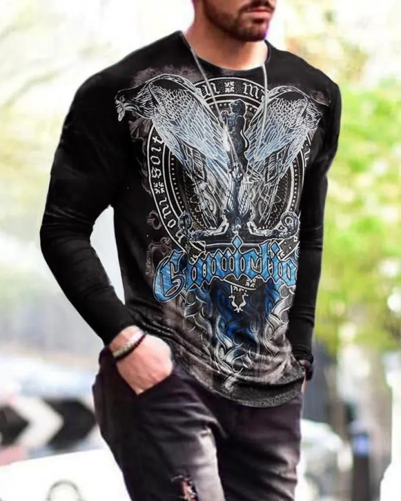 Men's cotton crew neck slim fit long sleeve T-shirt with geometric digital print in solid colour