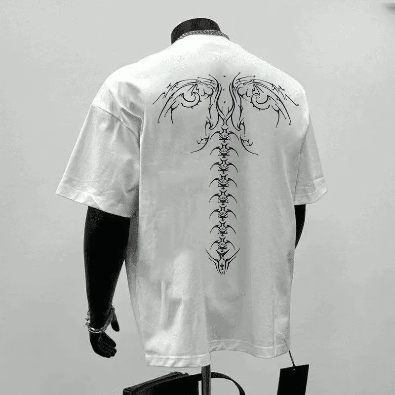 Men's black and white loose fit cotton t-shirt with letter print for business casual wear