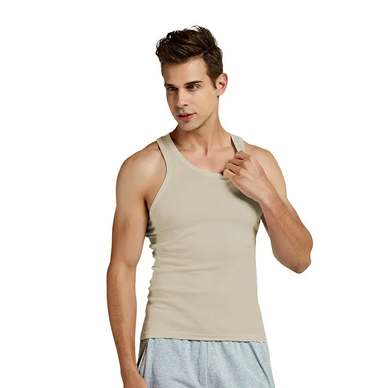 Men's pure cotton slim fit sports vest in white, front view, available in multiple colours and sizes