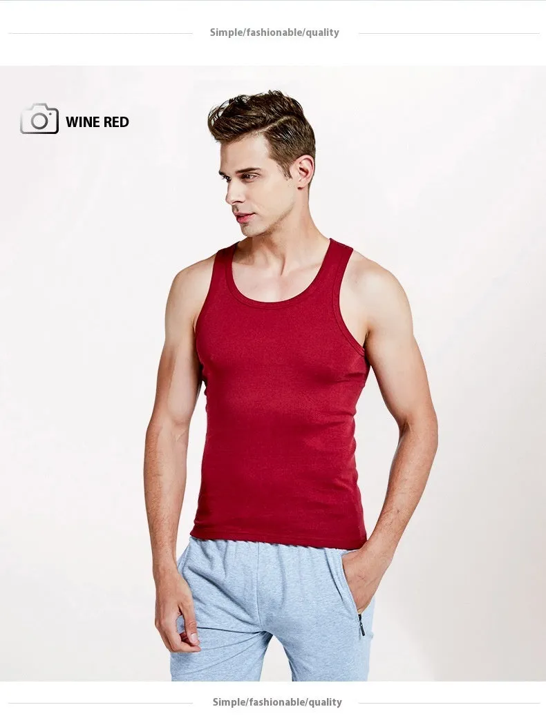 Men's pure cotton slim fit sports vest in white, front view, available in multiple colours and sizes