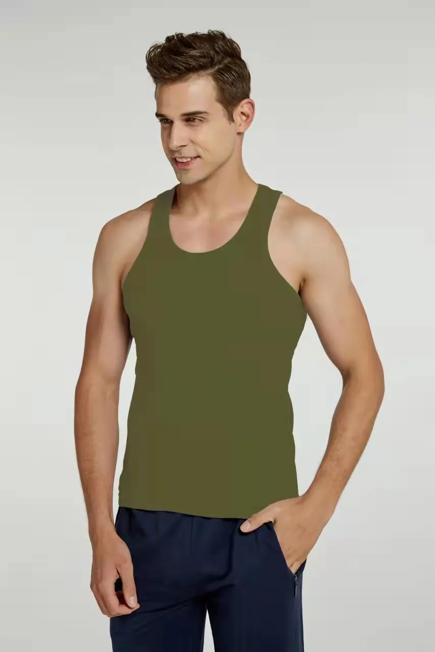 Men's pure cotton slim fit sports vest in white, front view, available in multiple colours and sizes