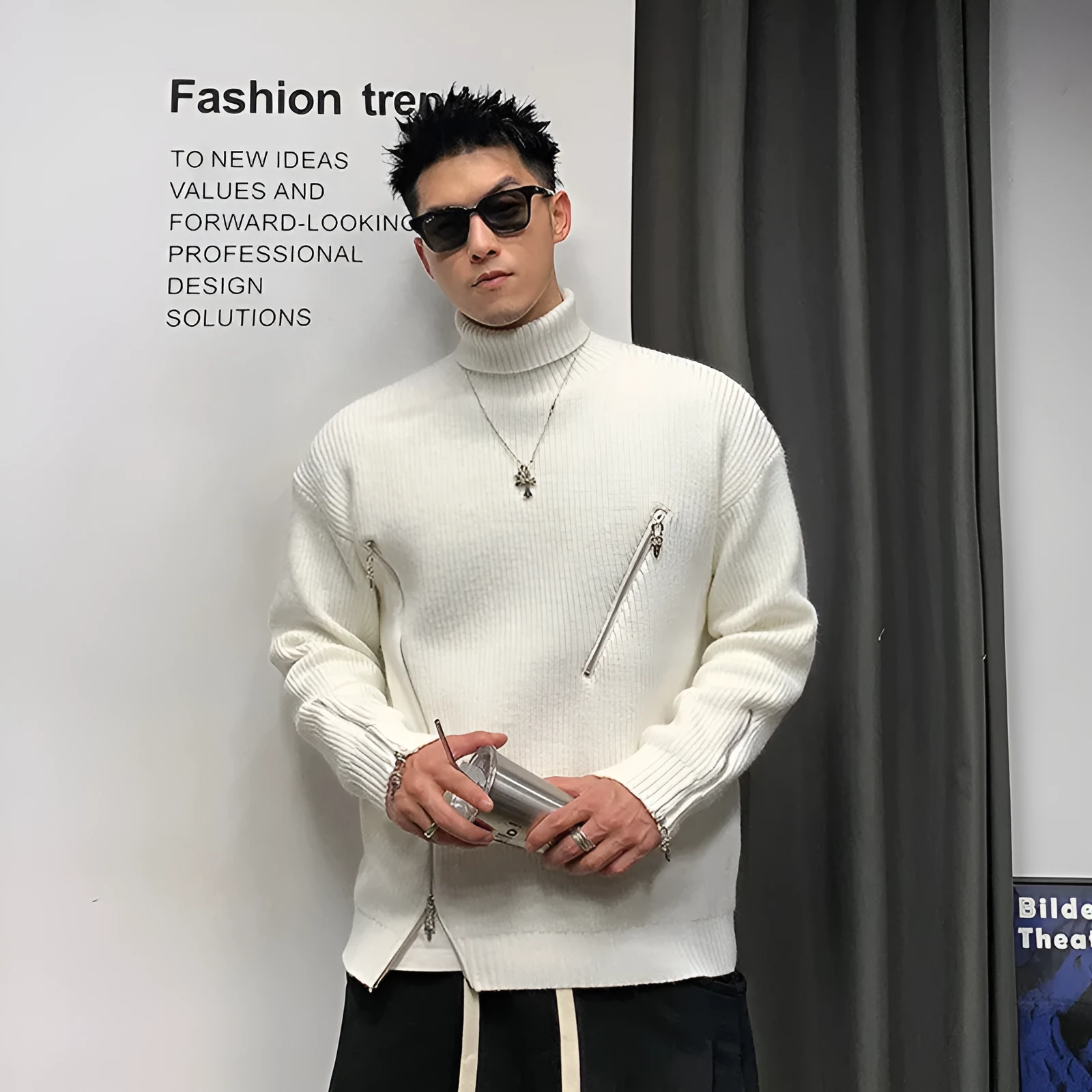 High end inner layered bottom top with turnable high collar and raglan sleeves in black, grey, white