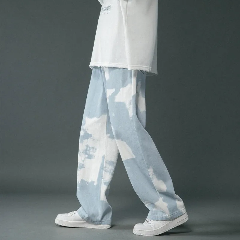Boys tie dyed denim straight leg pants in blue, cotton material, straight cut