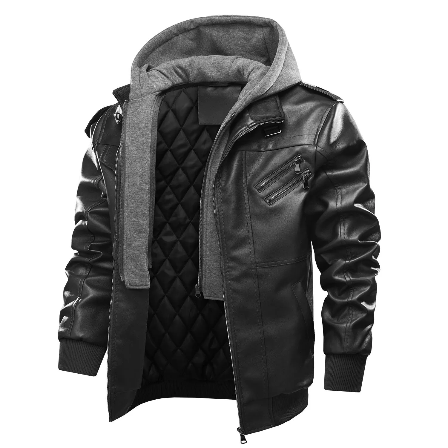 Men's black PU leather motorcycle jacket with zipper front, removable hood, and side pockets on a hanger