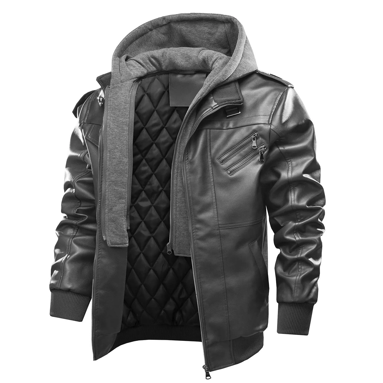 Men's black PU leather motorcycle jacket with zipper front, removable hood, and side pockets on a hanger