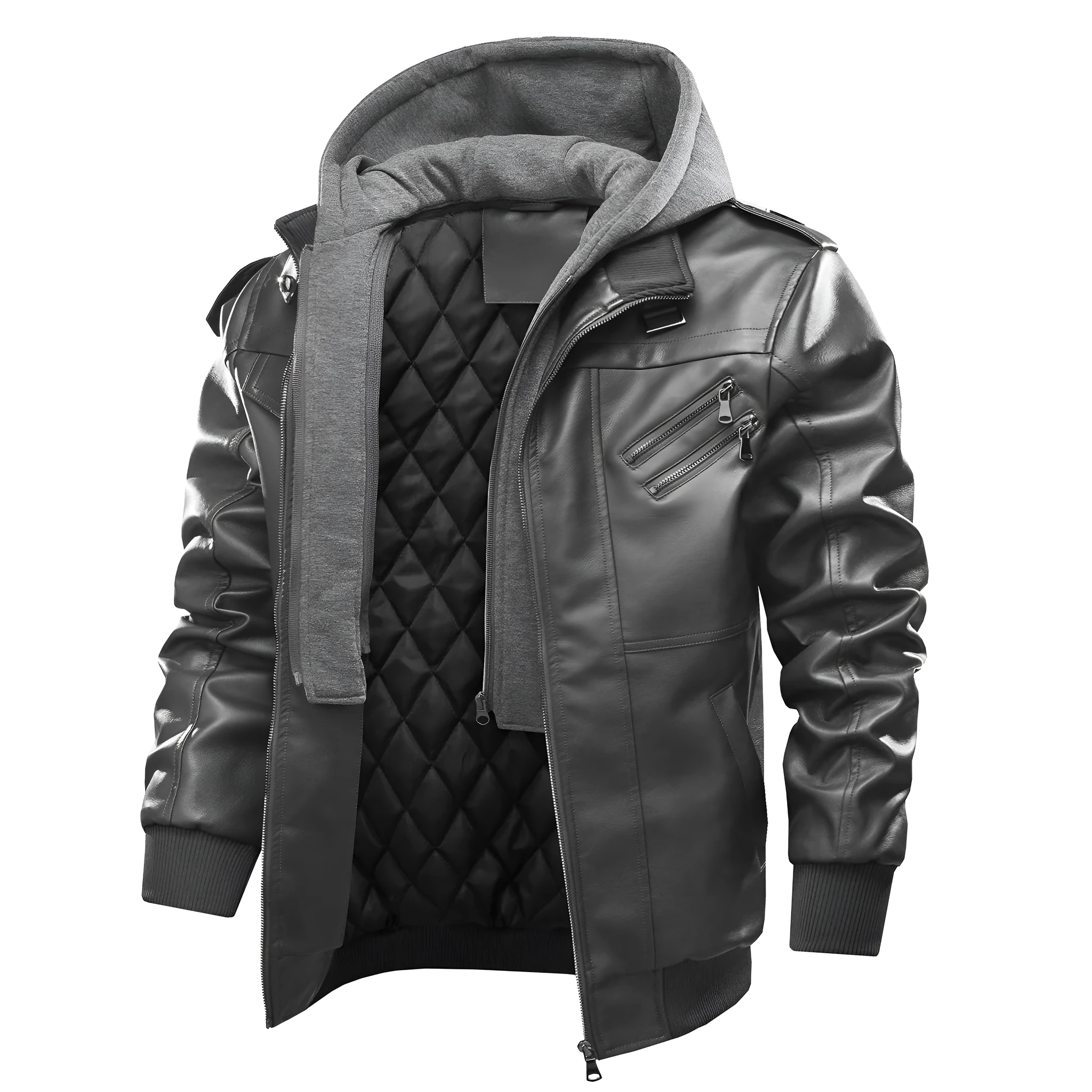 Men's black PU leather motorcycle jacket with zipper front, removable hood, and side pockets on a hanger