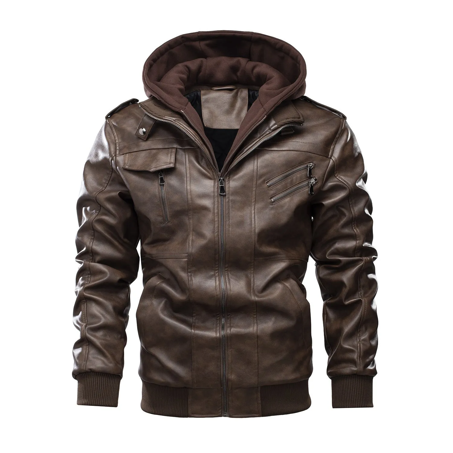 Men's black PU leather motorcycle jacket with zipper front, removable hood, and side pockets on a hanger