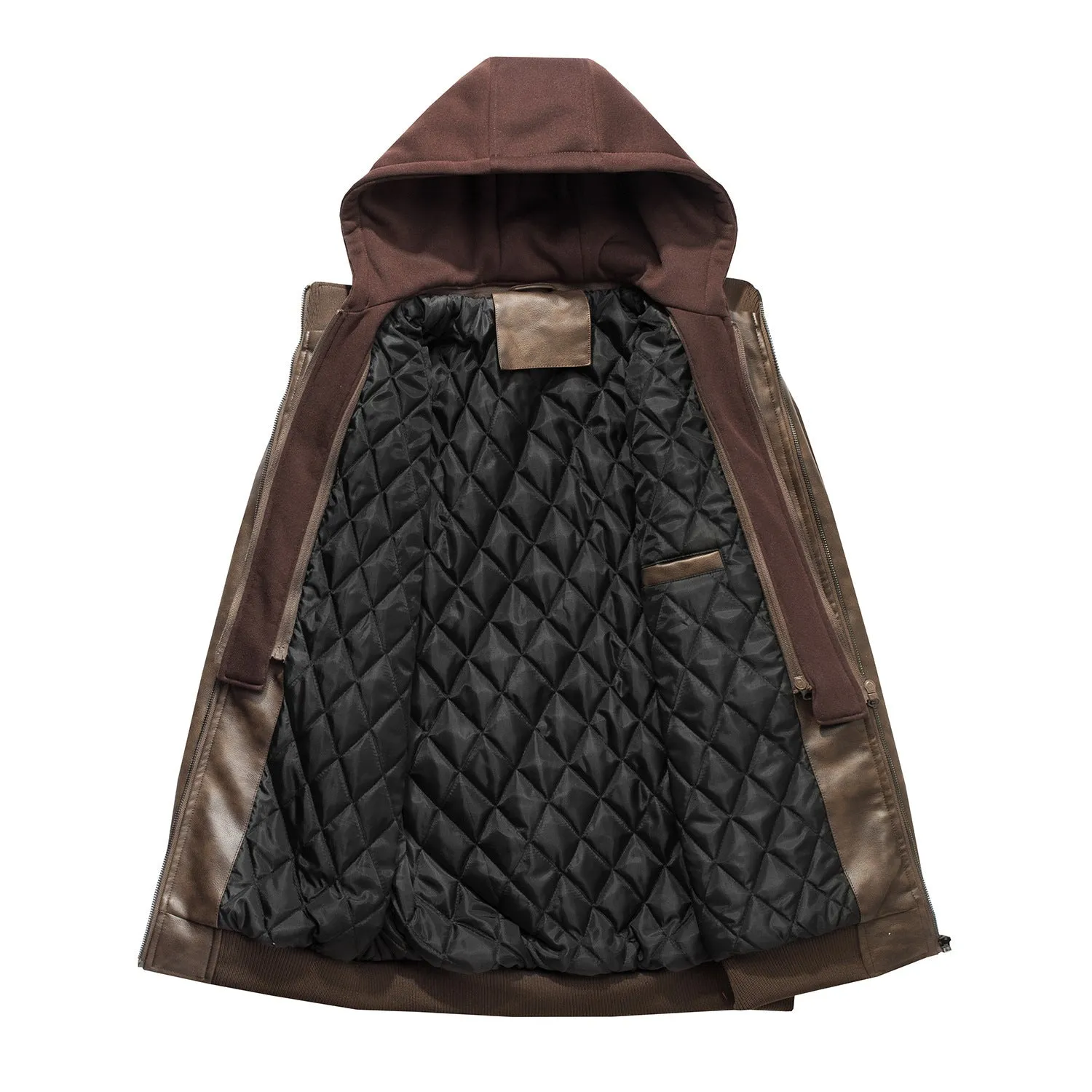 Men's black PU leather motorcycle jacket with zipper front, removable hood, and side pockets on a hanger