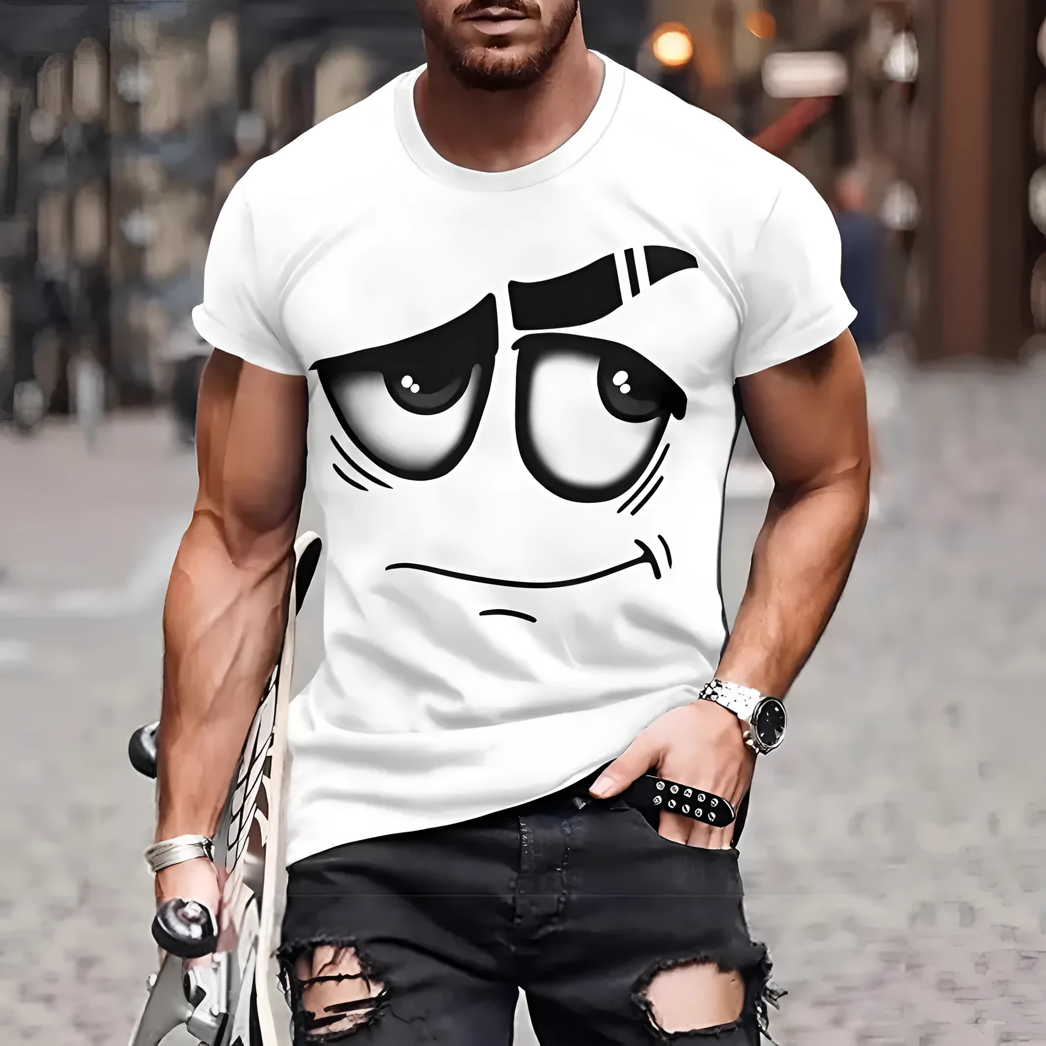Casual loose anime digital printing short sleeve t-shirt pullover in dark blue front view