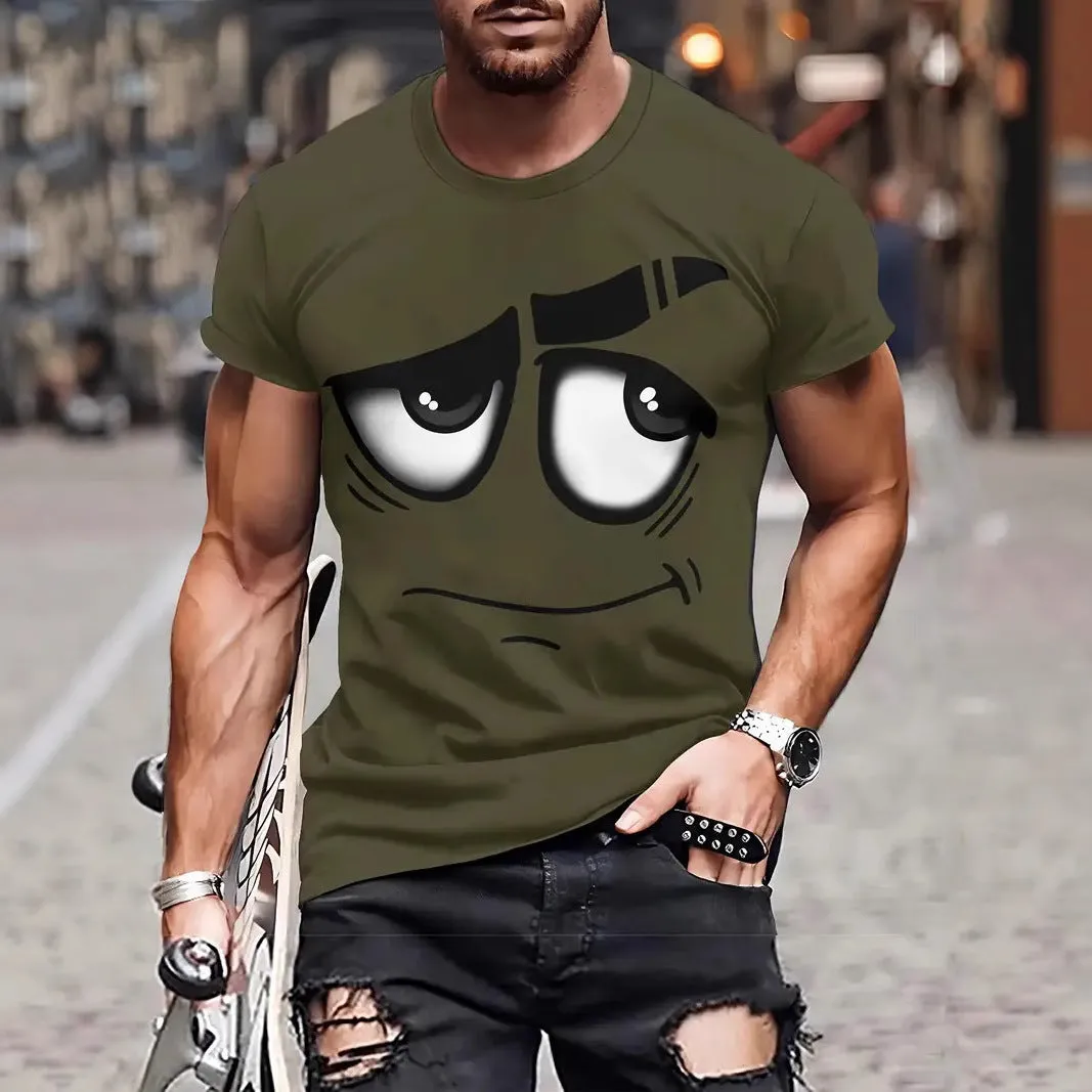 Casual loose anime digital printing short sleeve t-shirt pullover in dark blue front view