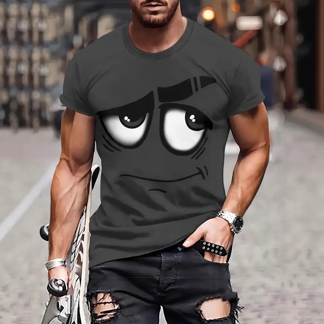 Casual loose anime digital printing short sleeve t-shirt pullover in dark blue front view