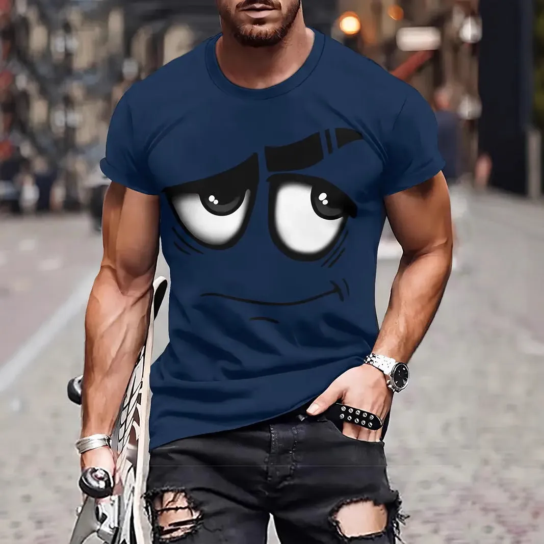 Casual loose anime digital printing short sleeve t-shirt pullover in dark blue front view