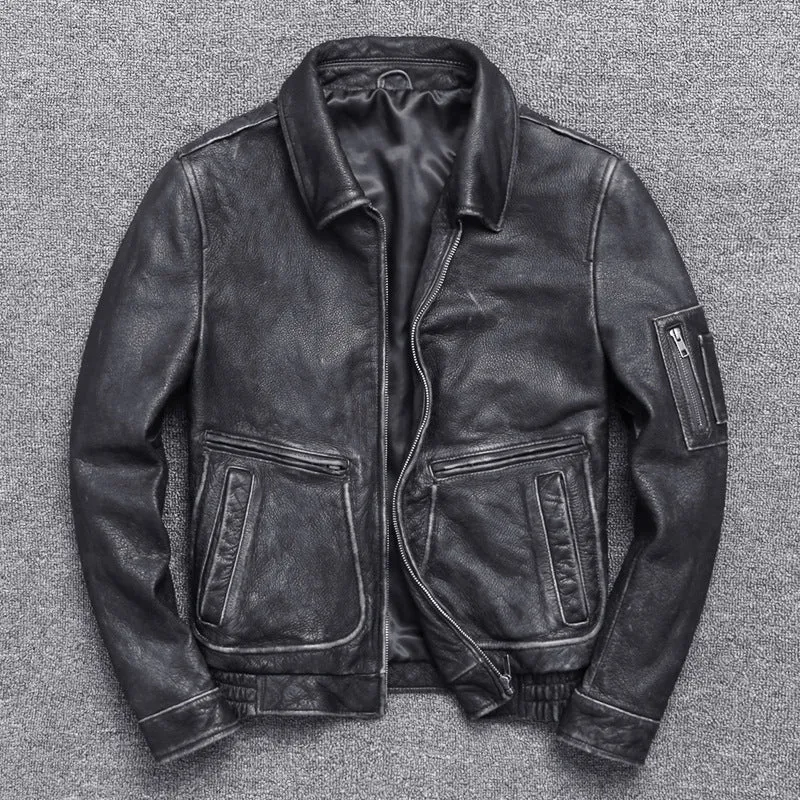 Thick cowhide leather casual jacket for men in American leisure style with lapel collar and ribbed hem