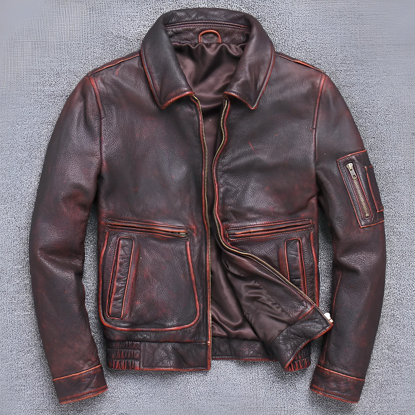 Thick cowhide leather casual jacket for men in American leisure style with lapel collar and ribbed hem
