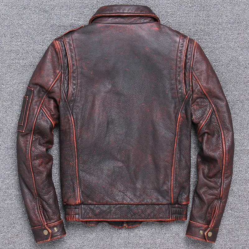 Thick cowhide leather casual jacket for men in American leisure style with lapel collar and ribbed hem