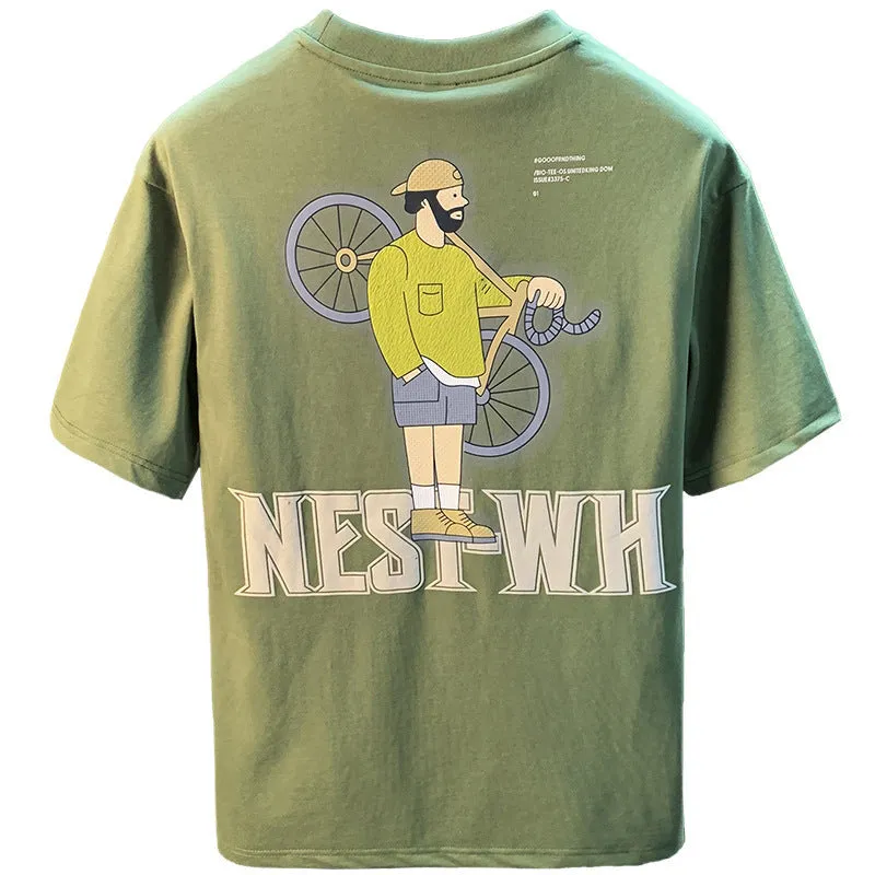 Green men's loose t-shirt with a literary graphic print on the front, short sleeves.